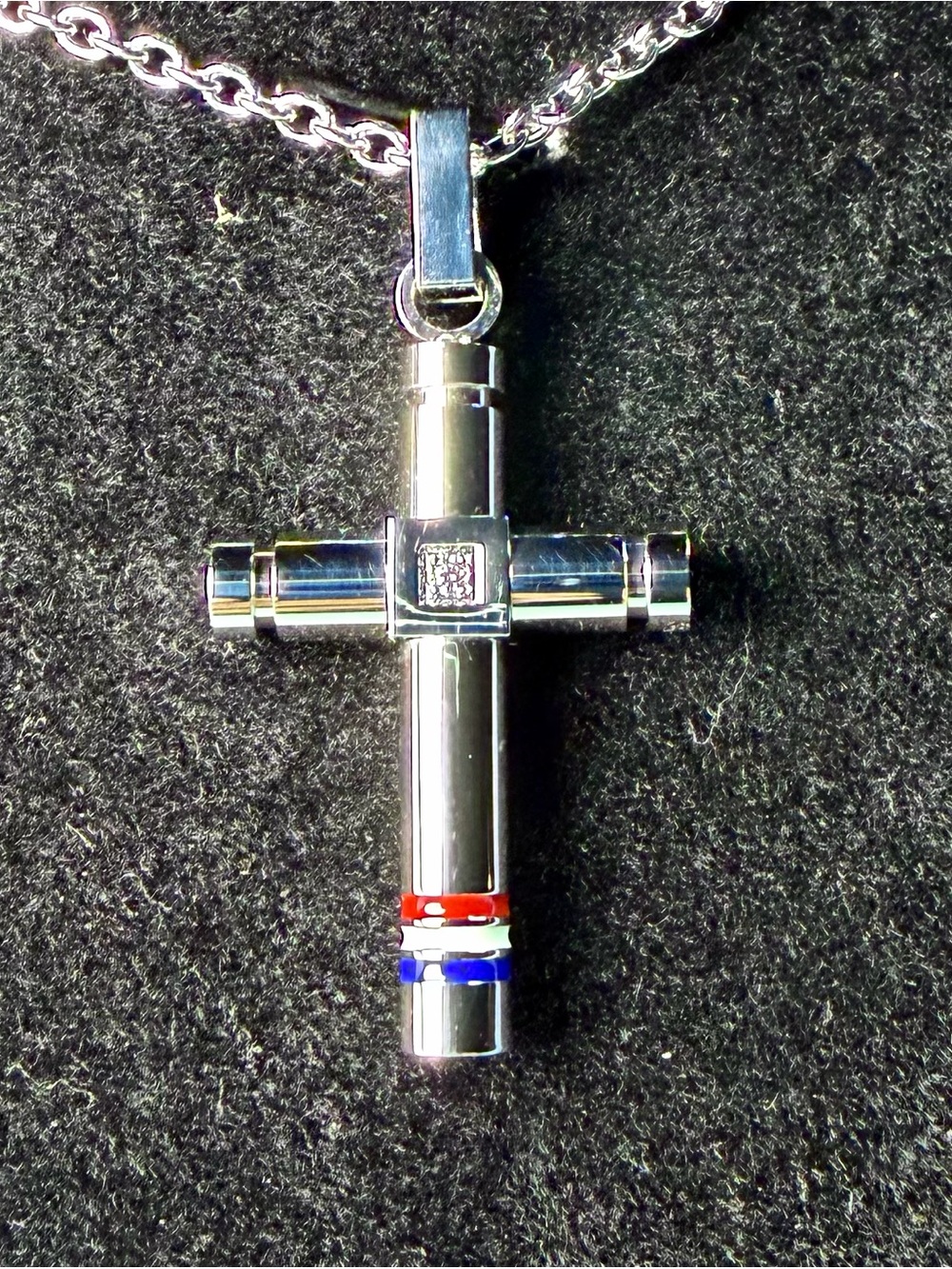 Men's Polished Silver Cross Pendant with Red, White & Blue Accents